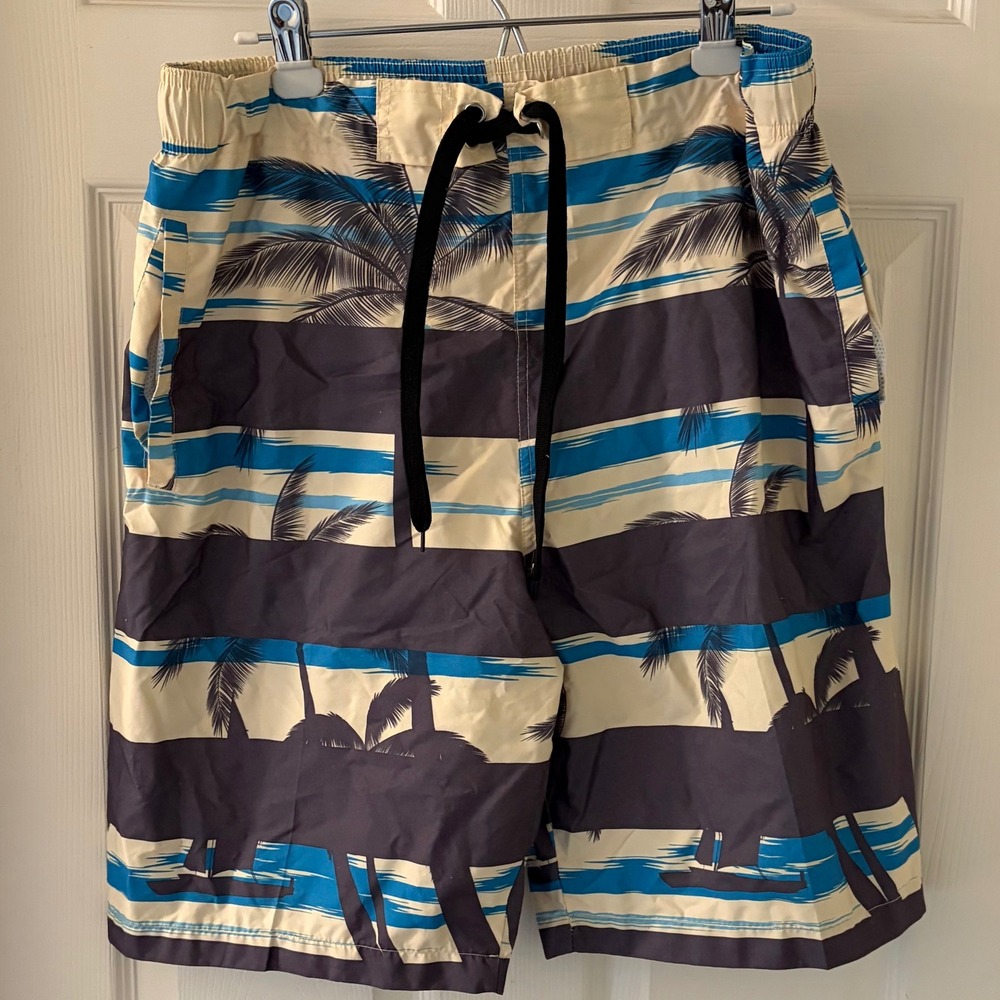Original Deluxe Men's Swim Trunks Large Blue Palm Tree Beach Board Shorts